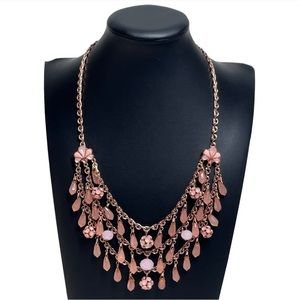 Crystal Drop Fringe Statement Bib Necklace Rose Gold Tone Coral Pink 22-25"